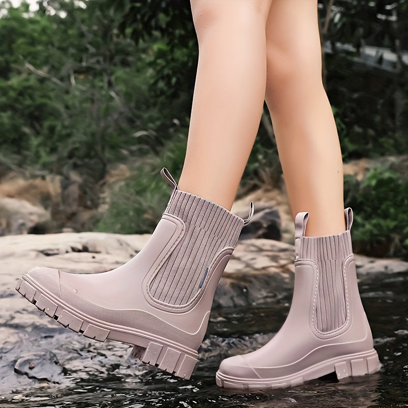 Women's Rubber Rain Boots - Chelsea Style Slip-On - Non-Slip Lug Sole