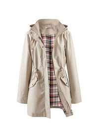 Women's Long Raincoat - Water-Repellent & Plaid Lined - Drawstring Waist