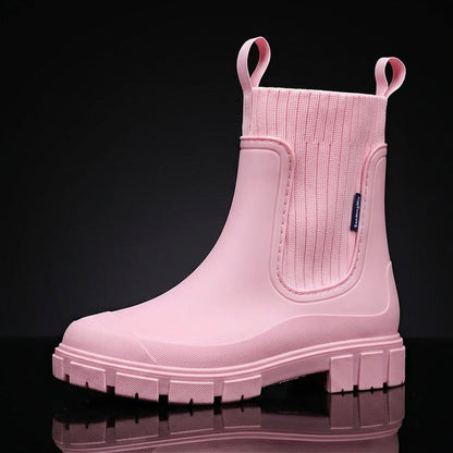 Women's Rubber Rain Boots - Chelsea Style Slip-On - Non-Slip Lug Sole