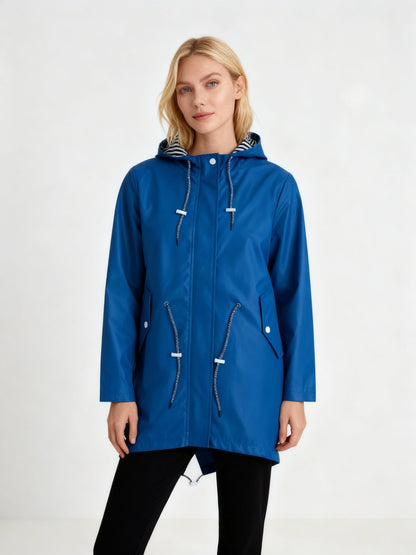 Women's Rain Jacket with Hood - Mid-Length Fishtail Hem - Water-Repellent