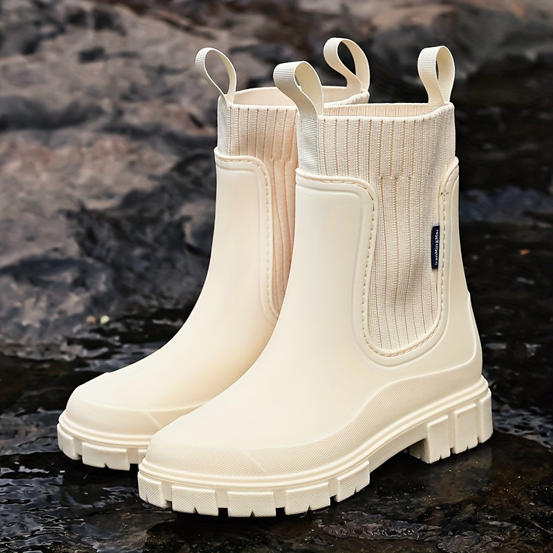 Women's Rubber Rain Boots - Chelsea Style Slip-On - Non-Slip Lug Sole