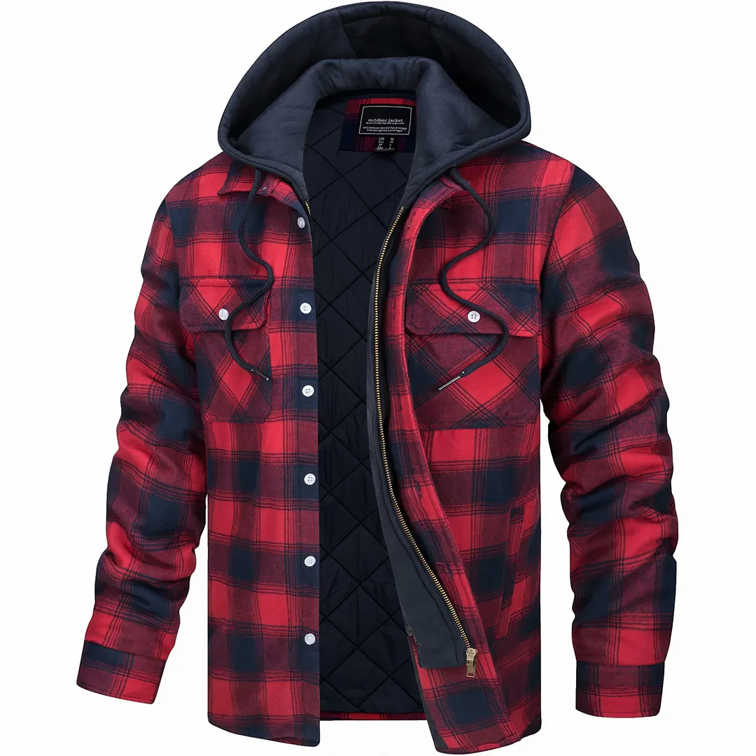 Flanelljacke Herren blau kariert mit Kapuze und Steppfutter