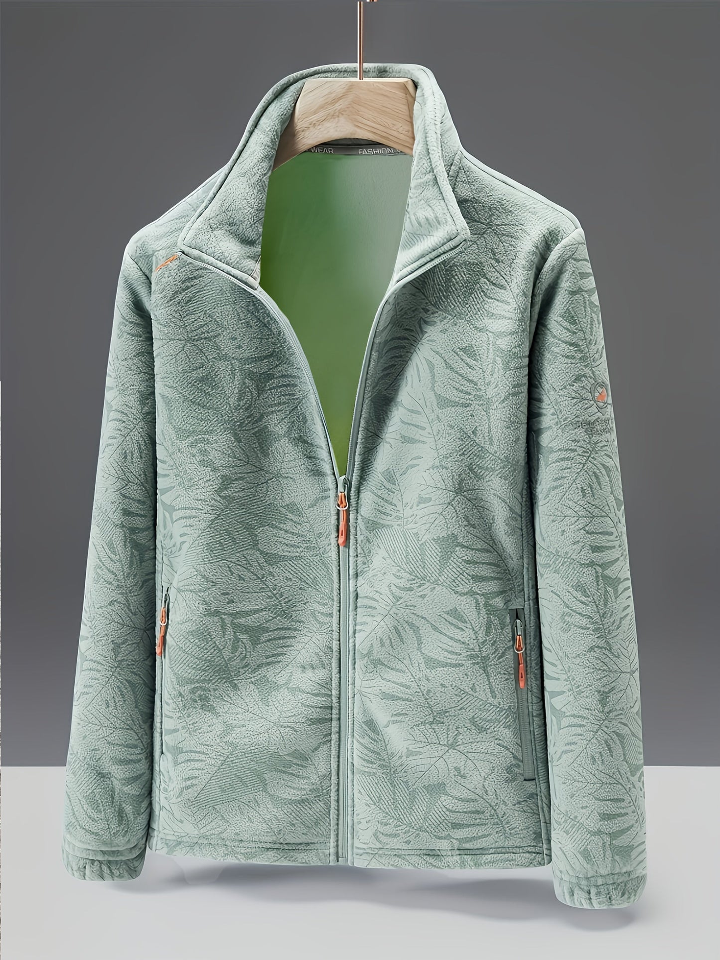 Women's Fleece Jacket - Stand Collar with Leaf Print - Zip Pockets