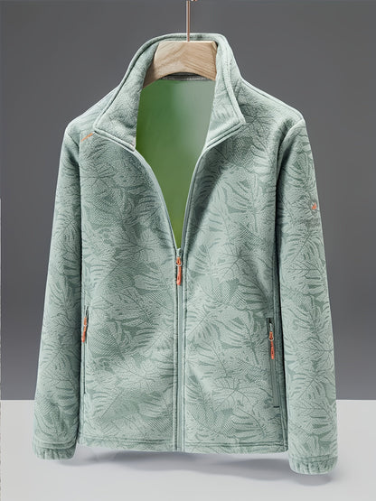 Women's Fleece Jacket - Stand Collar with Leaf Print - Zip Pockets