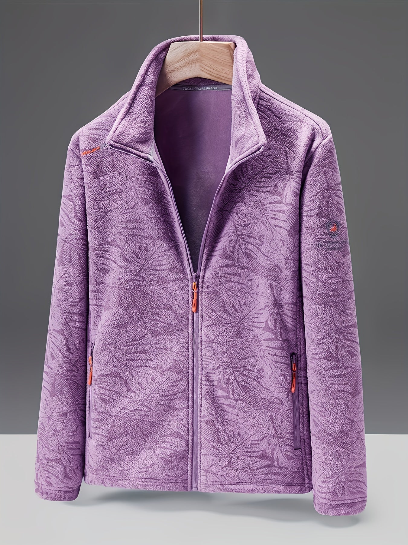 Women's Fleece Jacket - Stand Collar with Leaf Print - Zip Pockets