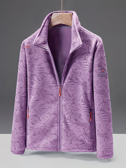 Women's Fleece Jacket - Stand Collar with Leaf Print - Zip Pockets