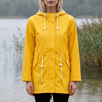 Regenjacke Damen - Mittellang mit Kapuze - Fischschwanz-Saum