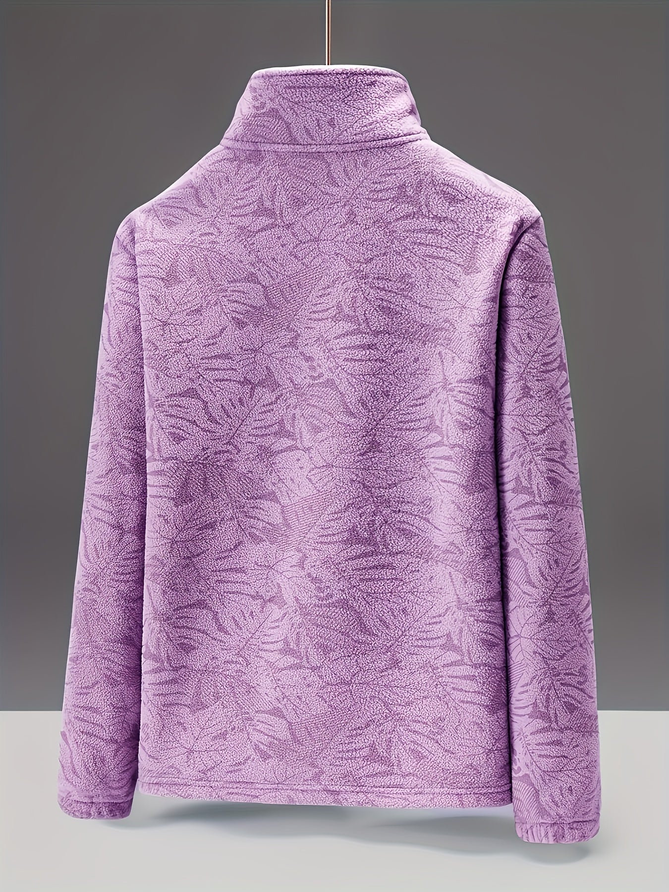 Women's Fleece Jacket - Stand Collar with Leaf Print - Zip Pockets