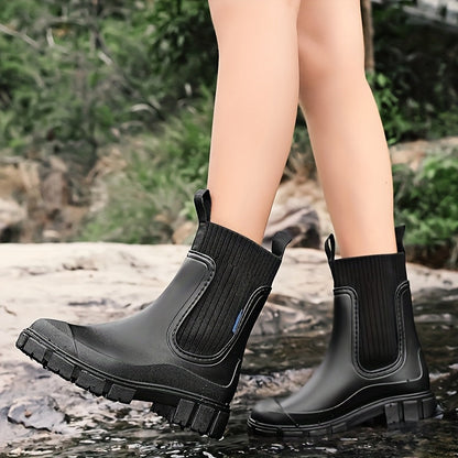 Women's Rubber Rain Boots - Chelsea Style Slip-On - Non-Slip Lug Sole