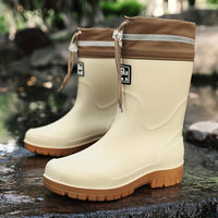 Men's Rubber Rain Boots - Mid-Calf Waterproof - Drawstring Collar