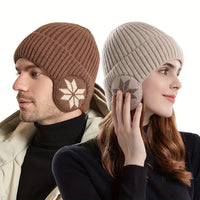 Beanie with Ear Flaps - Unisex Knit - Snowflake Pattern