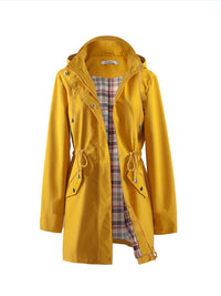 Women's Long Raincoat - Water-Repellent & Plaid Lined - Drawstring Waist