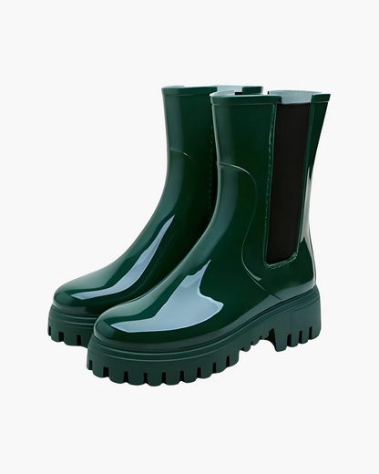 Women's Rubber Rain Boots - Chelsea Style Slip-On - Non-Slip Lug Sole