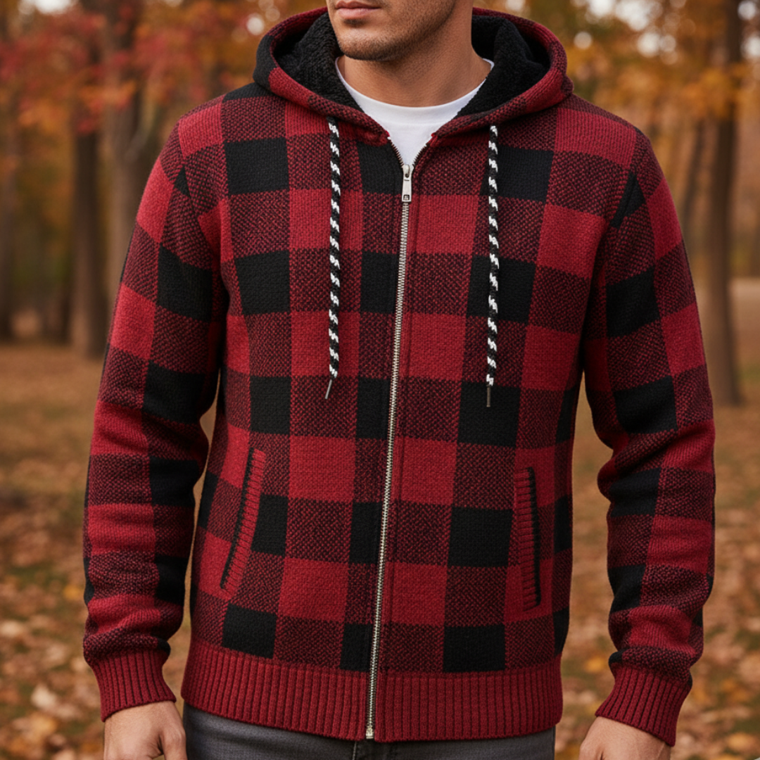 Men's Cardigan Sweater with Hood - Buffalo Plaid Knit - Warm Fleece Lining