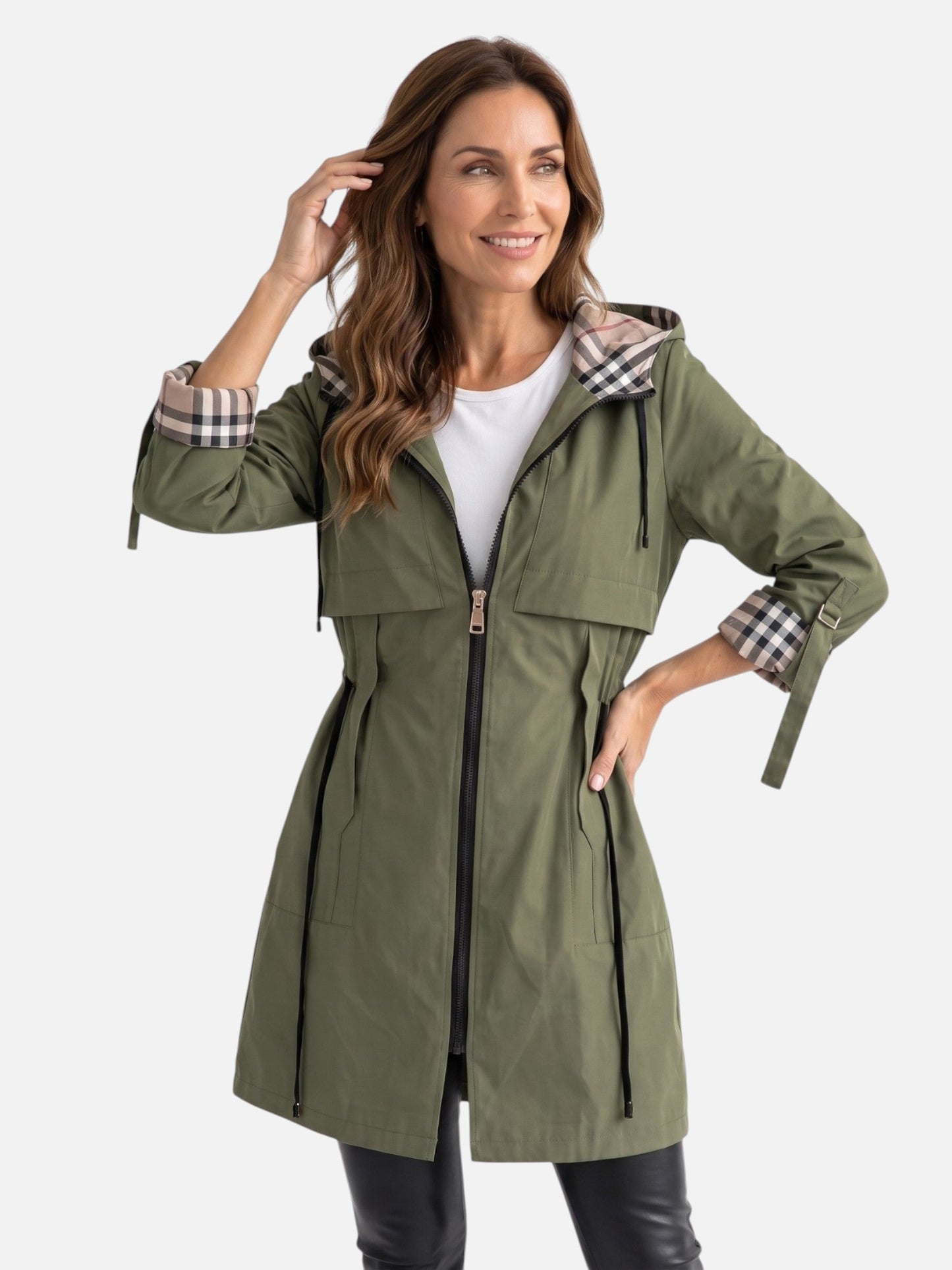 Women's Lightweight Jacket - Water-Resistant Hooded Parka - Plaid Lining