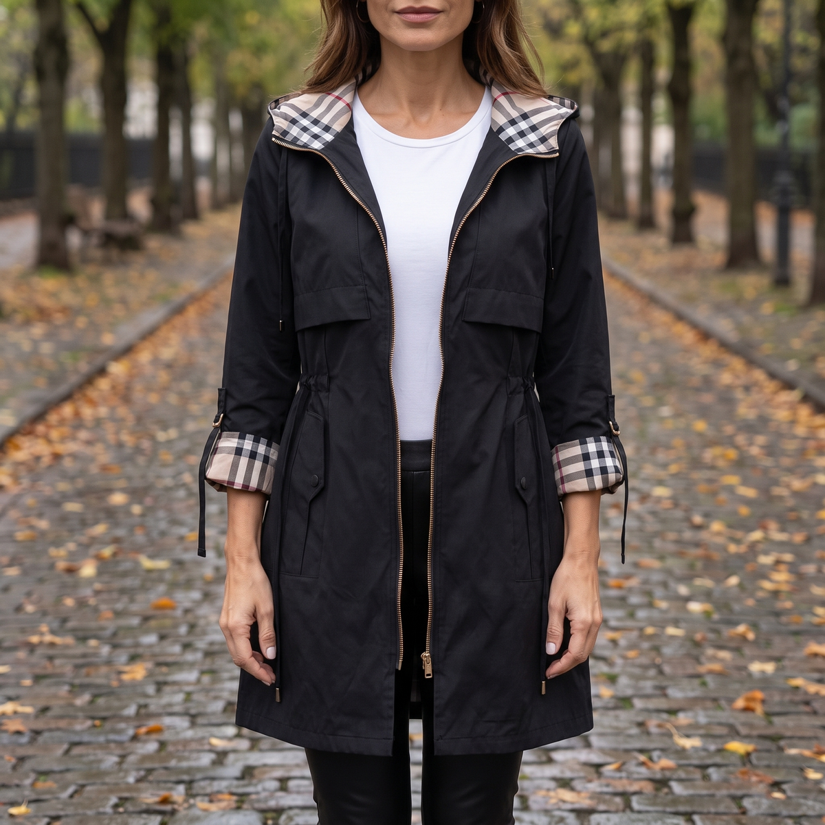 Women's Lightweight Jacket - Water-Resistant Hooded Parka - Plaid Lining