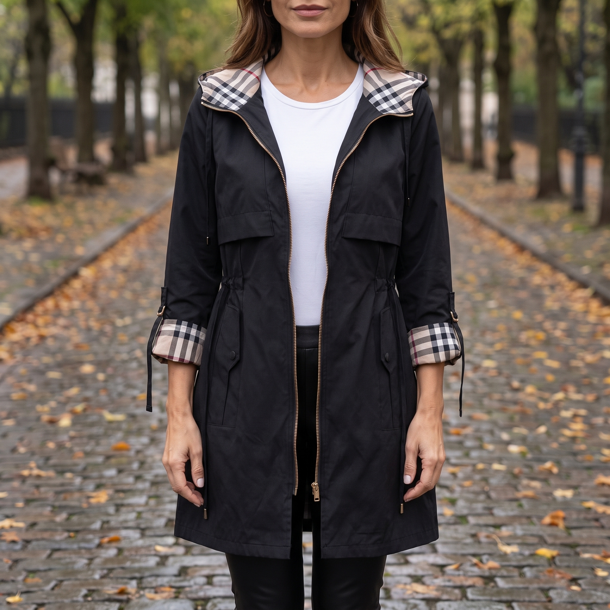 Übergangsjacke Damen mit Kapuze - Parka mit Karo-Futter - Tunnelzug