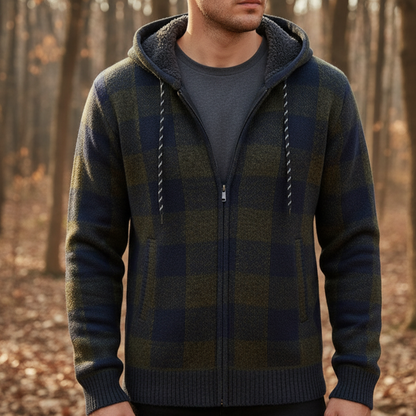 Men's Cardigan Sweater with Hood - Buffalo Plaid Knit - Warm Fleece Lining