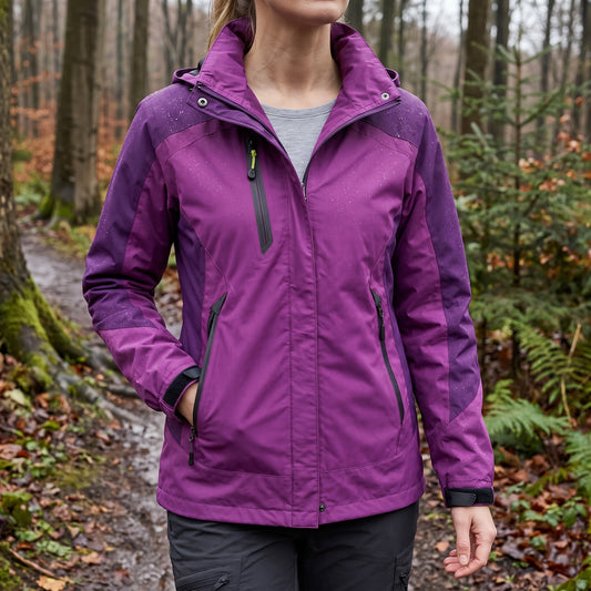 Women's windbreaker jacket in purple worn on a wet autumn forest trail, rain beading on the shoulders