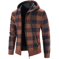 Men's Cardigan Sweater with Hood - Buffalo Plaid Knit - Warm Fleece Lining
