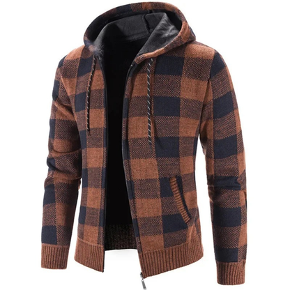 Men's Cardigan Sweater with Hood - Buffalo Plaid Knit - Warm Fleece Lining