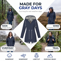 Women's Rain Coat with Hood - Long Waterproof Cut - Adjustable Waist