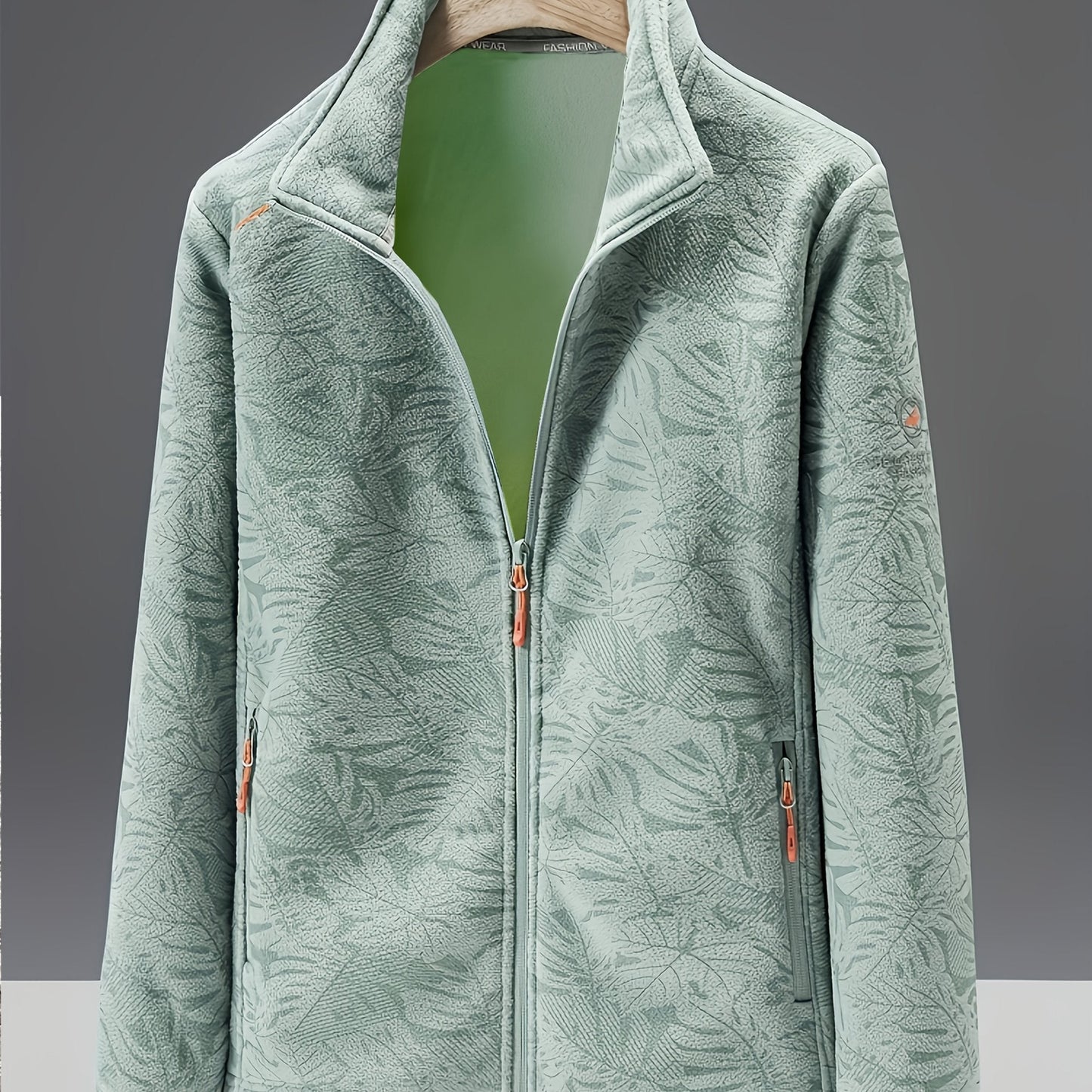 Women's Fleece Jacket - Stand Collar with Leaf Print - Zip Pockets