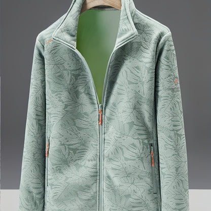 Women's Fleece Jacket - Stand Collar with Leaf Print - Zip Pockets