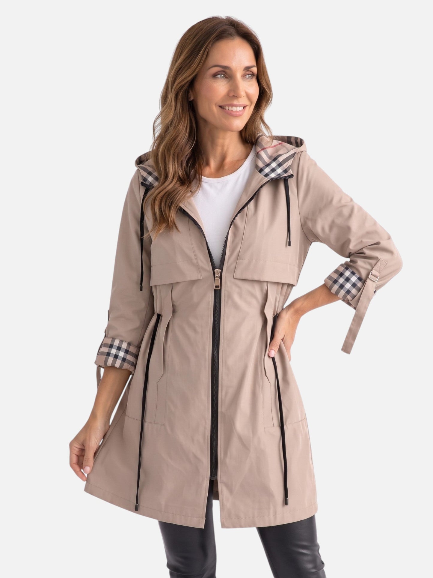 Women's Lightweight Jacket - Water-Resistant Hooded Parka - Plaid Lining