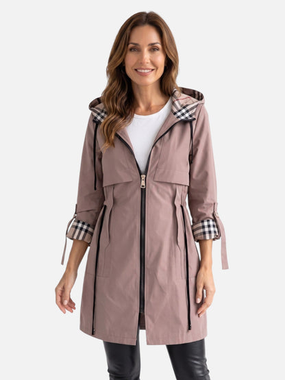 Women's Lightweight Jacket - Water-Resistant Hooded Parka - Plaid Lining