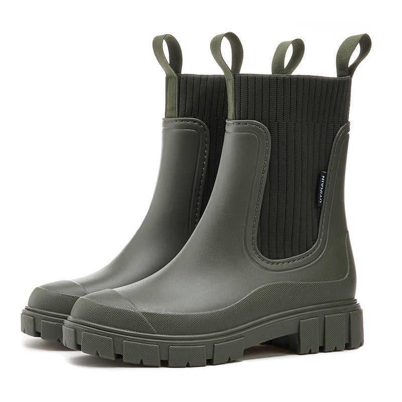 Women's Rain Boots - Chelsea Style with Knit Collar - Waterproof Platform Sole