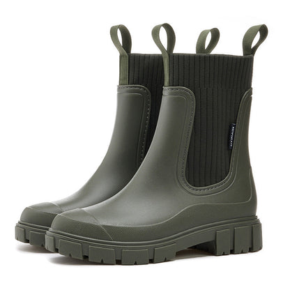 Women's Rain Boots - Chelsea Style with Knit Collar - Waterproof Platform Sole
