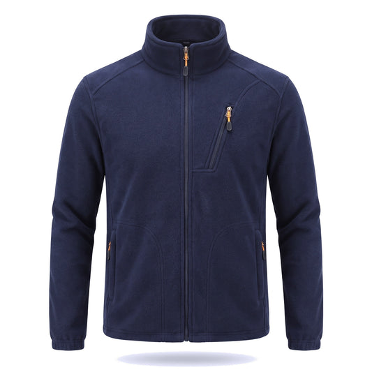 Navy Blue mens fleece jacket, front view, zipped, with the diagonal chest pocket and two side pockets