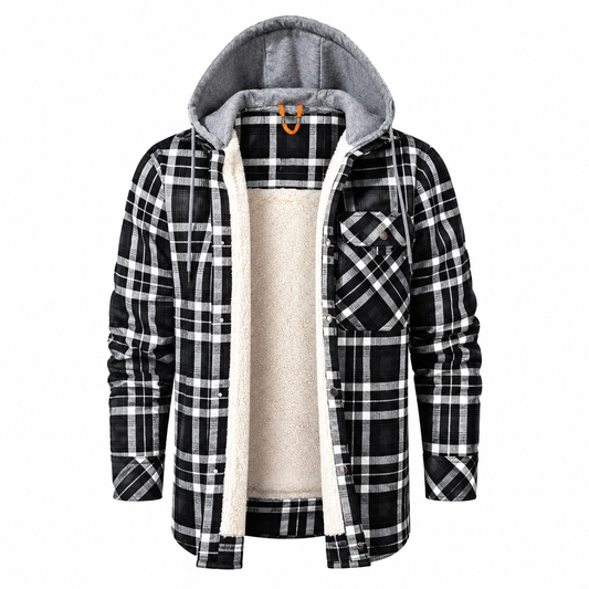 Men's Flannel Jacket with Hood - Sherpa Lined - Windproof Plaid