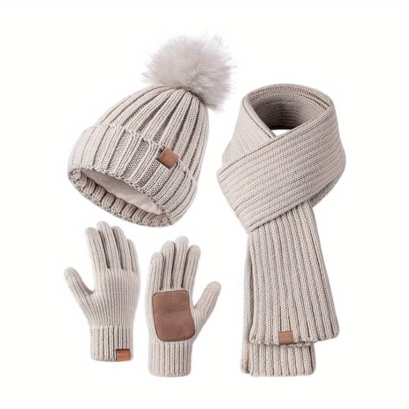 Hat Scarf and Gloves Set for Women - Pom Pom Beanie - Touchscreen Gloves