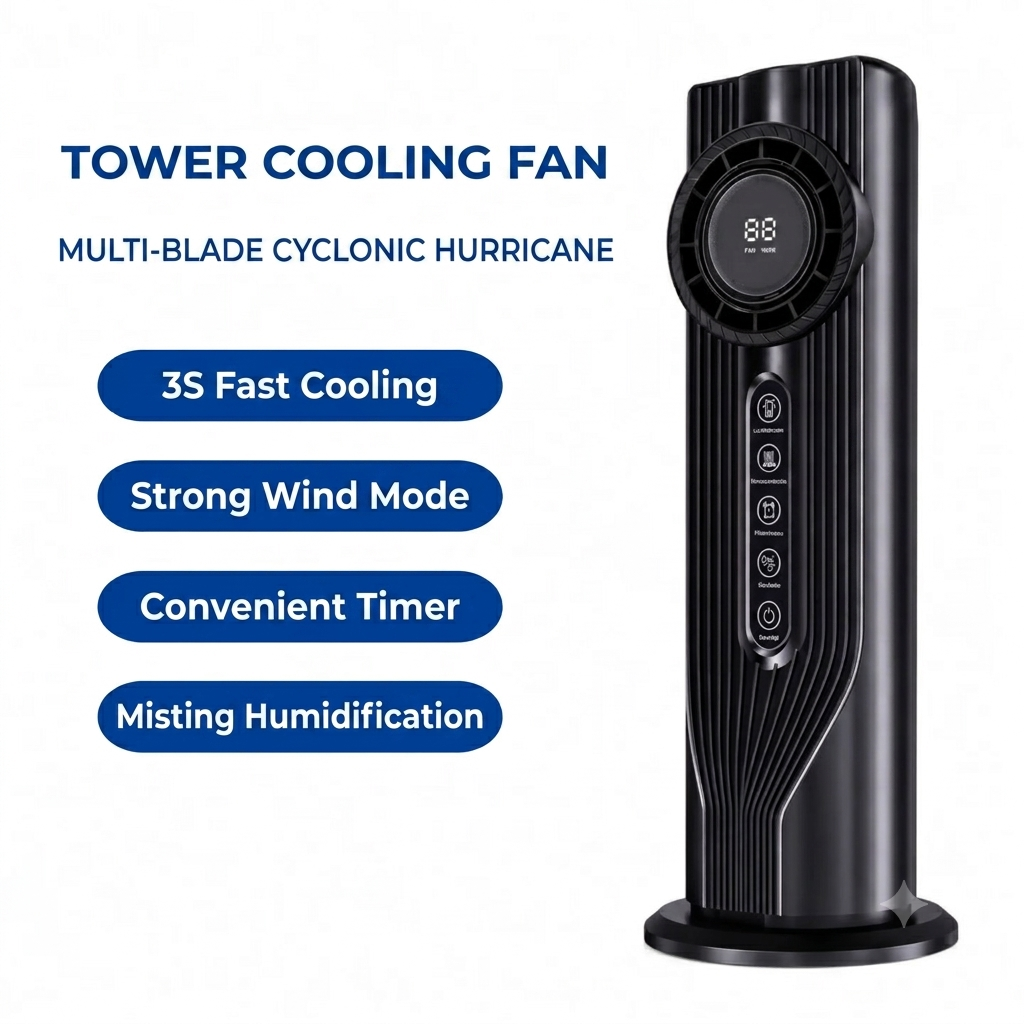 Tower Fan & Humidifier – USB Powered, 6 Speeds & 6-Hour Timer