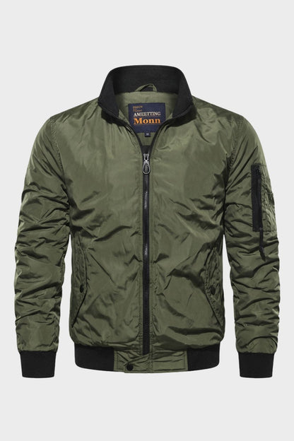 Bomber Jacket - Men's Stand Collar Jacket - Zip Sleeve Pocket