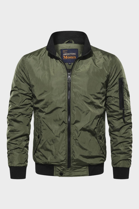 Bomber Jacket - Men's Stand Collar Jacket - Zip Sleeve Pocket