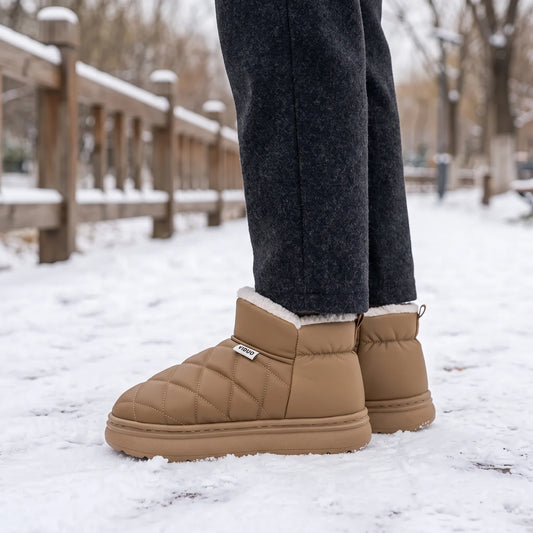 Snow Boots - Quilted Slip-On Ankle Boots - Warm Fleece Lining