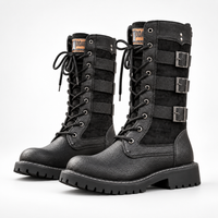 Mens Motorcycle Boots - Buckle Lace-Up with Inner Height Lift - Lug Sole
