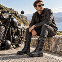 Mens Motorcycle Boots - Buckle Lace-Up with Inner Height Lift - Lug Sole