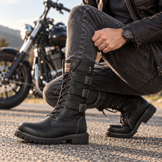 Mens Motorcycle Boots - Buckle Lace-Up with Inner Height Lift - Lug Sole