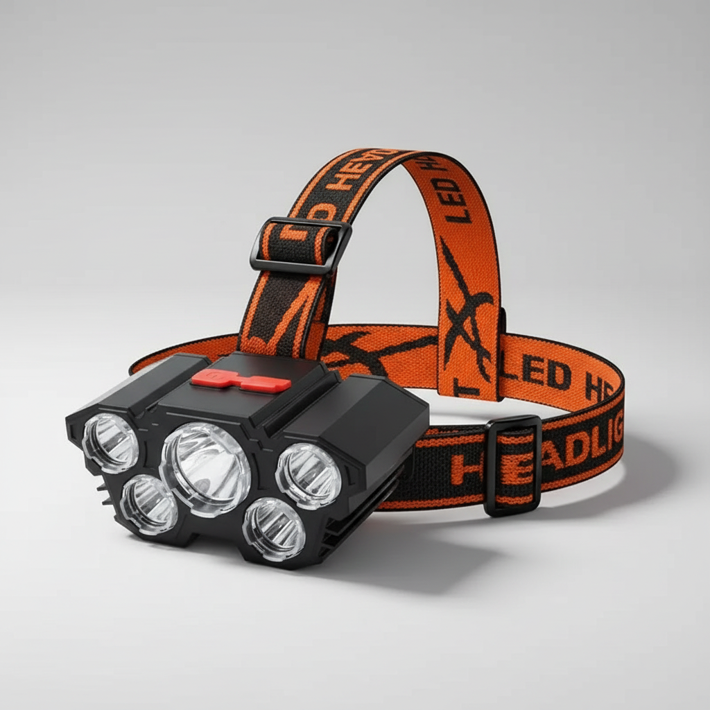 Headlamp - Rechargeable 5 LED Head Light - Adjustable Elastic Strap
