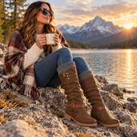 Womens Winter Boots - Knit Cuff Mid Calf Slouch Boots - Warm Lined Side Zip