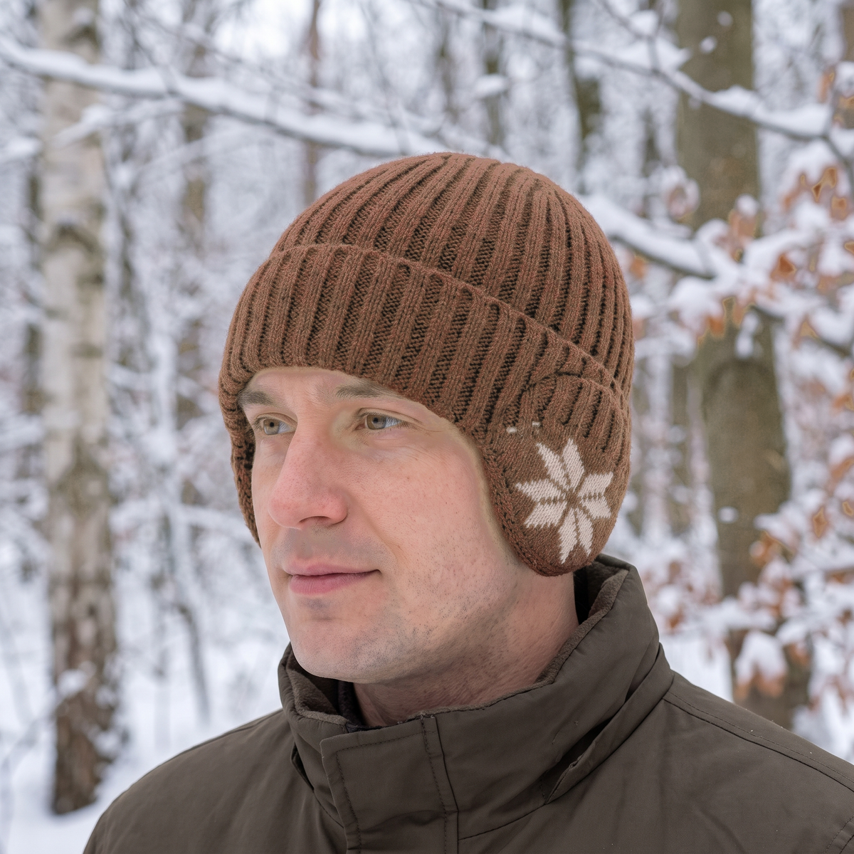 Beanie with Ear Flaps - Unisex Knit - Snowflake Pattern