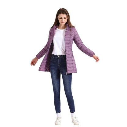 Women's Long Puffer Coat - Detachable Hood - Ultralight Quilted