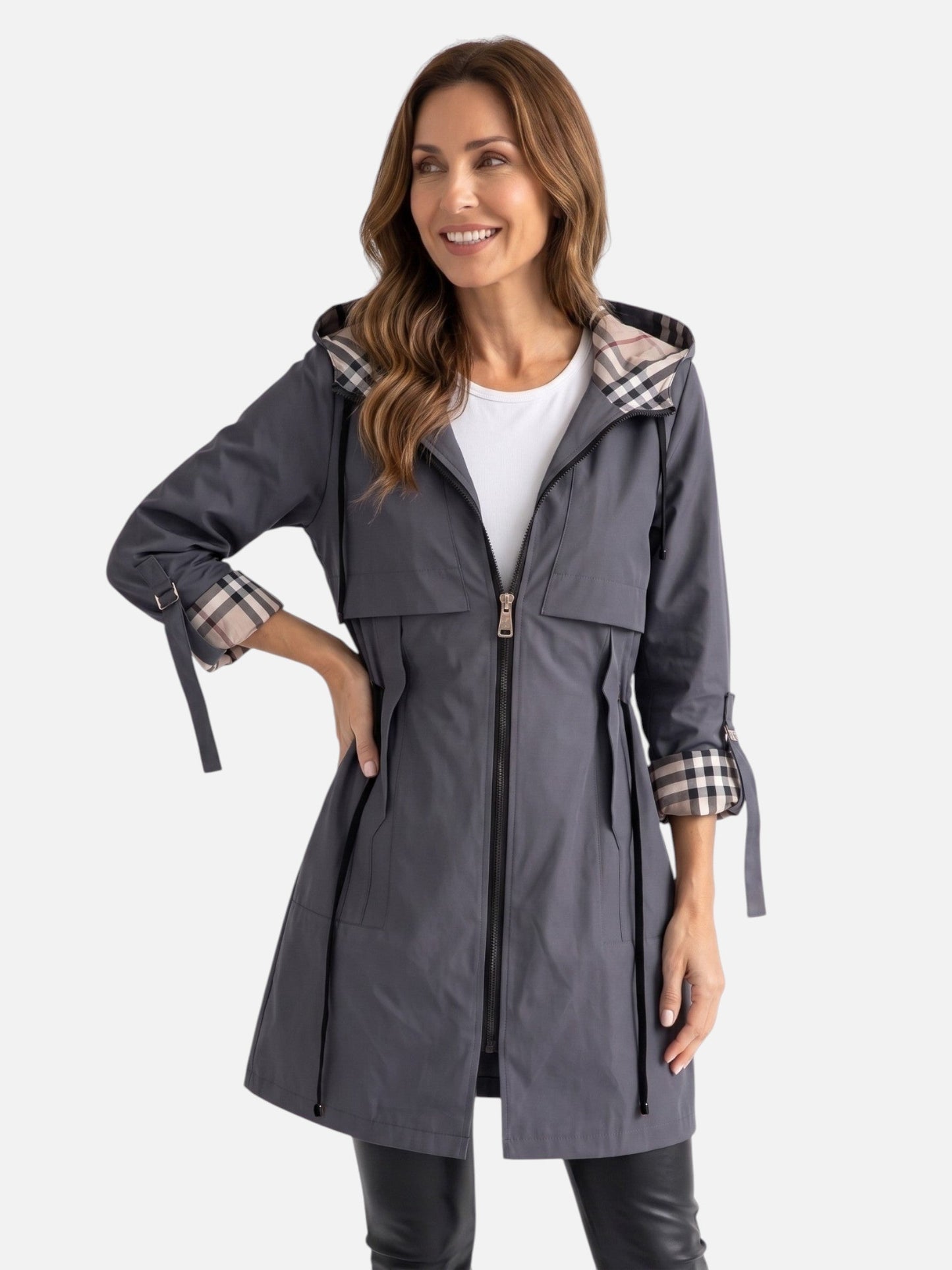 Women's Lightweight Jacket - Water-Resistant Hooded Parka - Plaid Lining