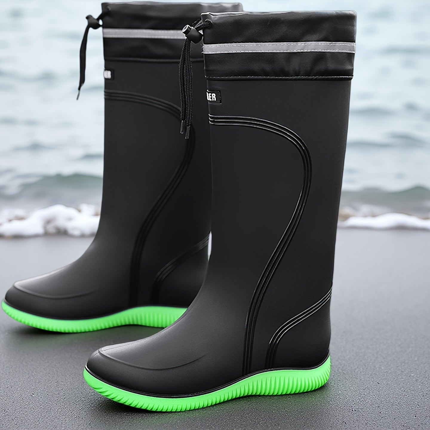 Waterproof Rubber Boots - Tall Drawstring Shaft - Reflective Trim