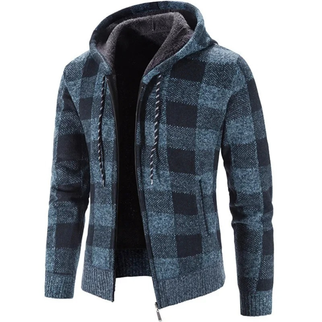 Men's Cardigan Sweater with Hood - Buffalo Plaid Knit - Warm Fleece Lining