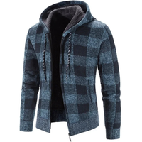 Men's Cardigan Sweater with Hood - Buffalo Plaid Knit - Warm Fleece Lining